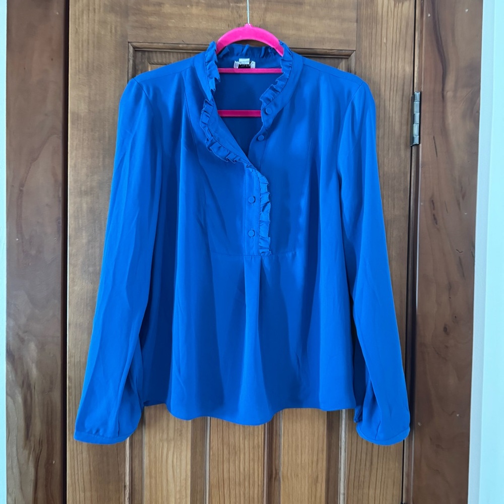 J. Crew Cobalt Blue Ruffle-Trim Long Sleeve Blouse